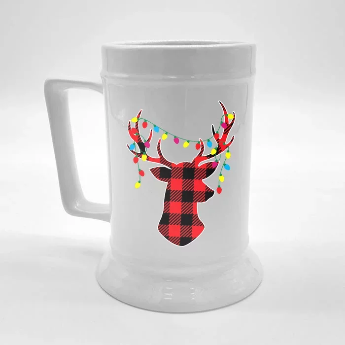 Red Black Christmas Gifts Buffalo Plaid Deer Front & Back Beer Stein