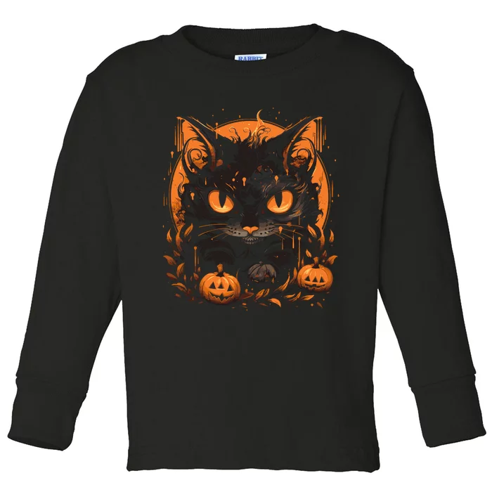 Retro Black Cat Halloween Pumpkin Costume Toddler Long Sleeve Shirt