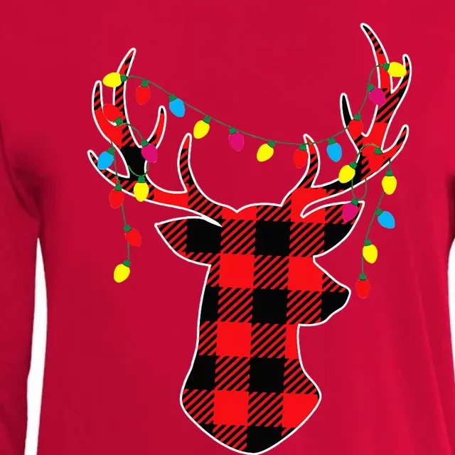 Red Black Christmas Gifts Buffalo Plaid Deer Womens Cotton Relaxed Long Sleeve T-Shirt