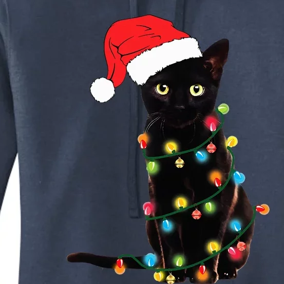 Retro Black Cat Christmas Light Funny Cat Women's Pullover Hoodie