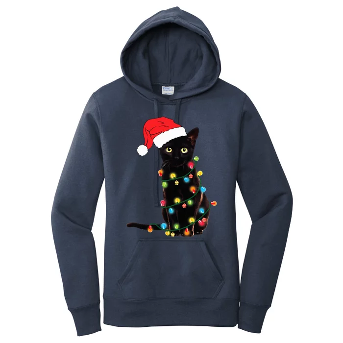 Retro Black Cat Christmas Light Funny Cat Women's Pullover Hoodie