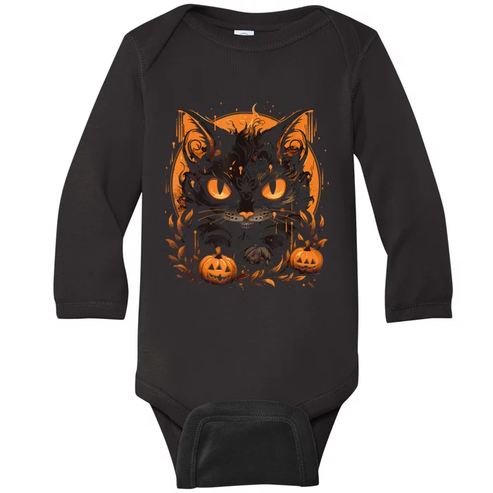 Retro Black Cat Halloween Pumpkin Costume For Baby Long Sleeve Bodysuit