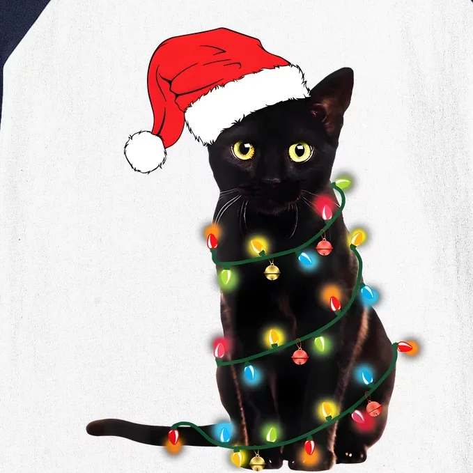 Retro Black Cat Christmas Light Funny Cat Baseball Sleeve Shirt