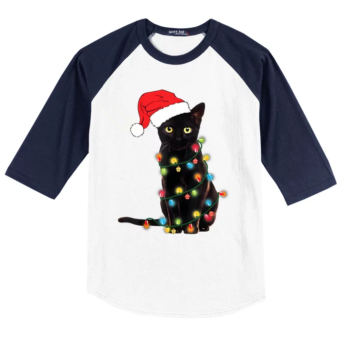 Retro Black Cat Christmas Light Funny Cat Baseball Sleeve Shirt