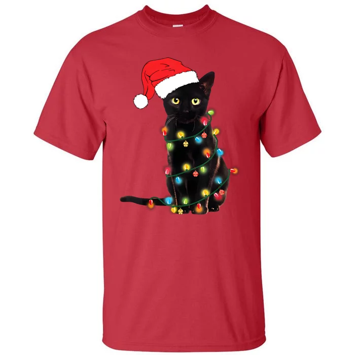 Retro Black Cat Christmas Light Funny Cat Tall T-Shirt