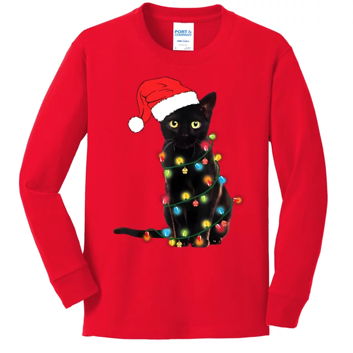 Retro Black Cat Christmas Light Funny Cat Kids Long Sleeve Shirt