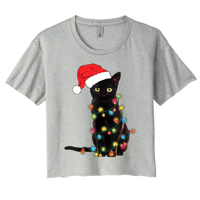 Retro Black Cat Christmas Light Funny Cat Women's Crop Top Tee