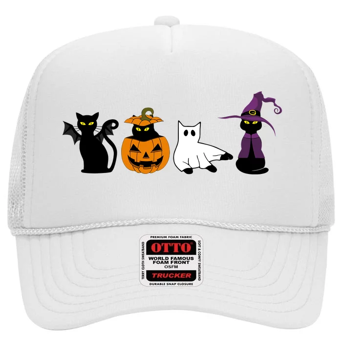 Retro Black Cat Halloween Pumpkin Costume High Crown Mesh Trucker Hat