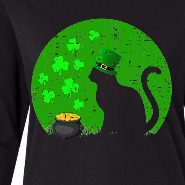 Retro Black Cat Leprechaun Hat Shamrock St Patrick Day Womens Cotton Relaxed Long Sleeve T-Shirt