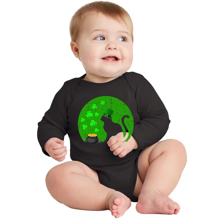 Retro Black Cat Leprechaun Hat Shamrock St Patrick Day Baby Long Sleeve Bodysuit