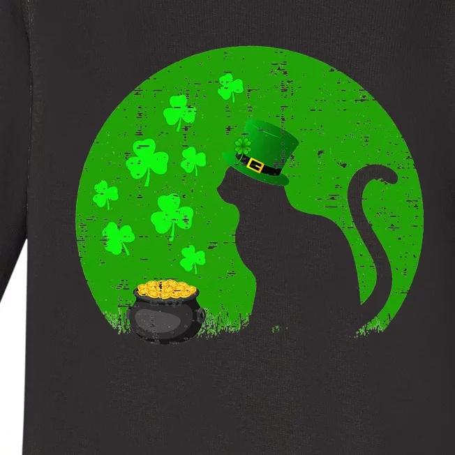 Retro Black Cat Leprechaun Hat Shamrock St Patrick Day Baby Long Sleeve Bodysuit