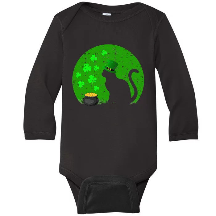 Retro Black Cat Leprechaun Hat Shamrock St Patrick Day Baby Long Sleeve Bodysuit