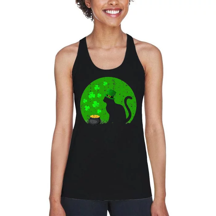 Retro Black Cat Leprechaun Hat Shamrock St Patrick Day Women's Racerback Tank