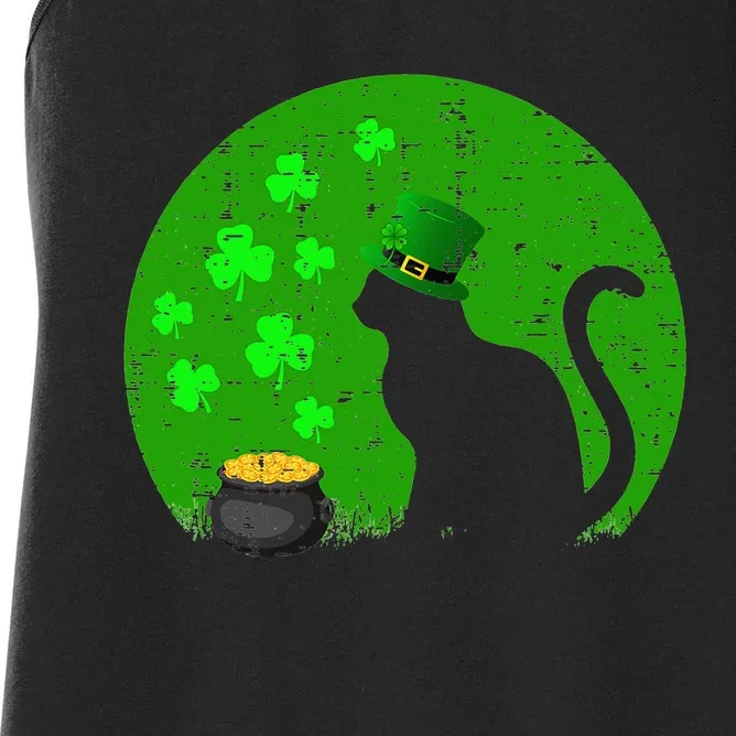 Retro Black Cat Leprechaun Hat Shamrock St Patrick Day Women's Racerback Tank