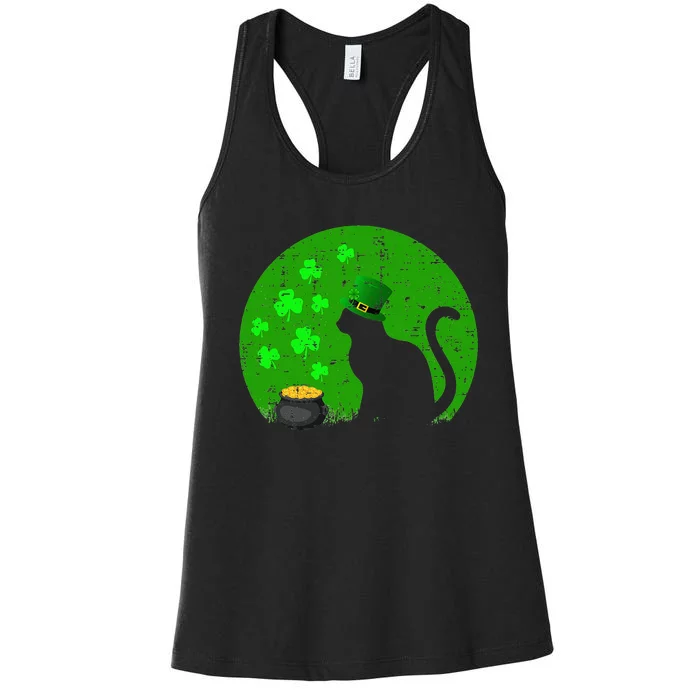 Retro Black Cat Leprechaun Hat Shamrock St Patrick Day Women's Racerback Tank