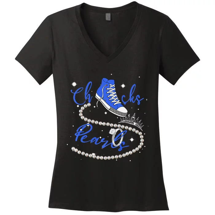 Royal Blue Chucks And Pearls Premium Women's V-Neck T-Shirt