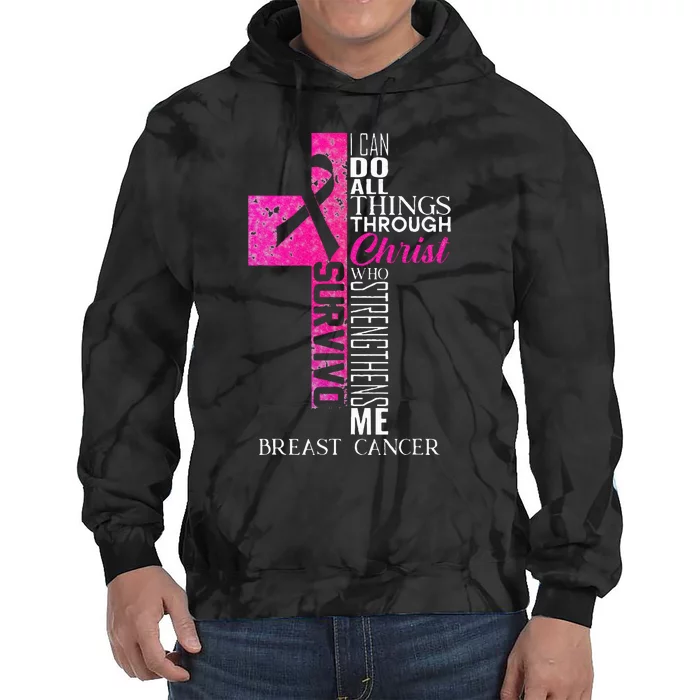 Ribbon Breast Cancer Survivor Christian Cross Tie Dye Hoodie