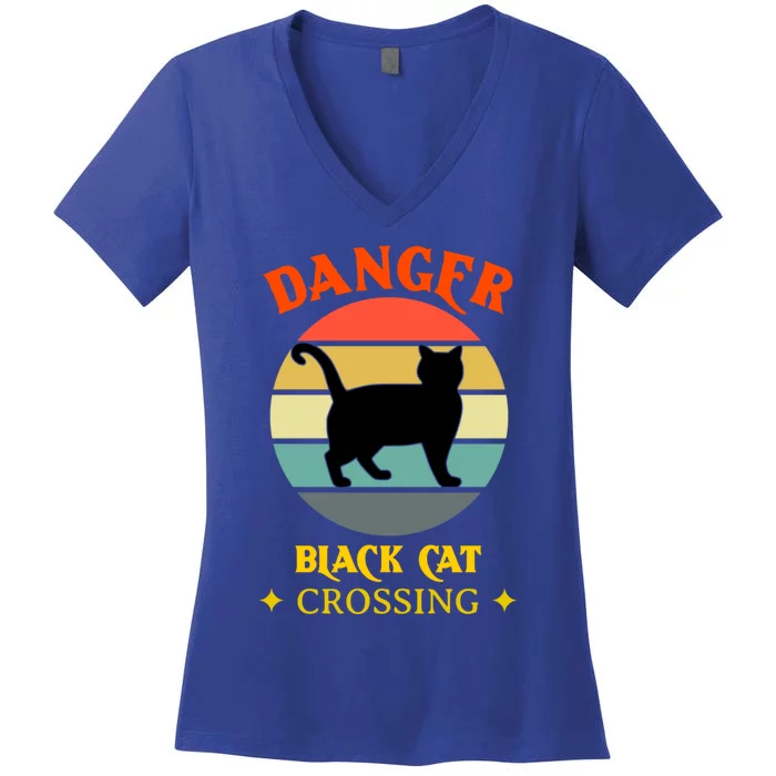 Retro Black Cat Danger Black Cat Crossing Superstition Meaningful Gift Women's V-Neck T-Shirt