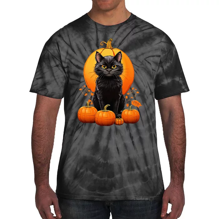 Retro Black Cat Halloween Pumpkin Costume Tie-Dye T-Shirt