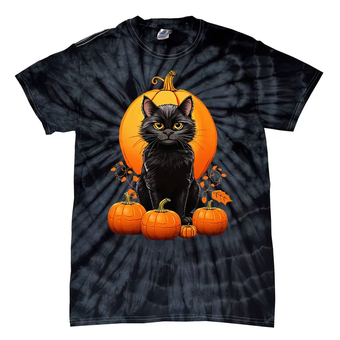 Retro Black Cat Halloween Pumpkin Costume Tie-Dye T-Shirt