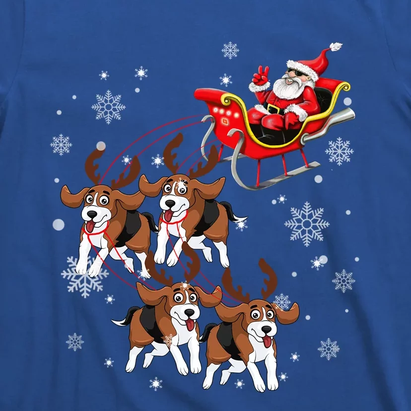 Reindeer Beagle Dog Pulling Santa Claus Sleigh Christmas Day Cute Gift T-Shirt