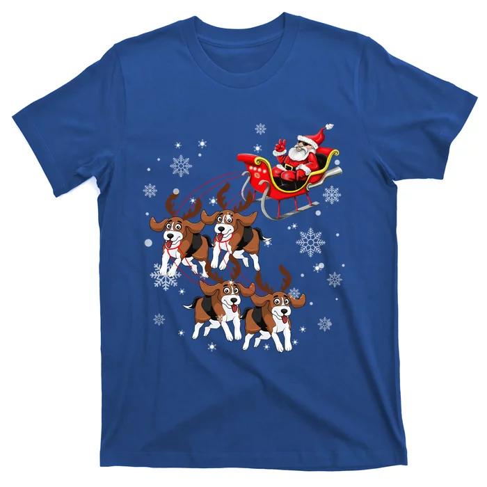 Reindeer Beagle Dog Pulling Santa Claus Sleigh Christmas Day Cute Gift T-Shirt