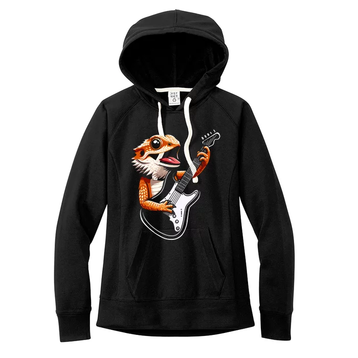 Rocker Bearded Dragon Playing Guitar Guitarist Music Band Women's Fleece Hoodie