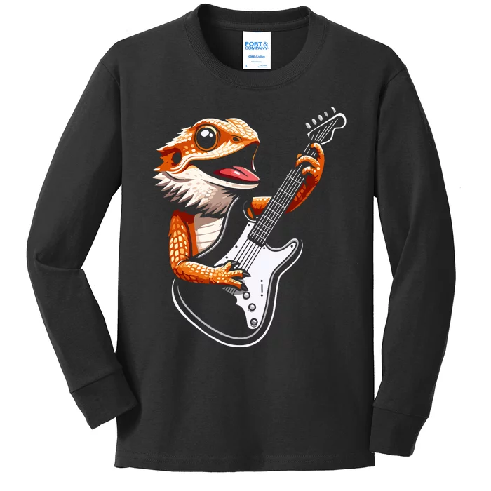 Rocker Bearded Dragon Playing Guitar Guitarist Music Band Kids Long Sleeve Shirt