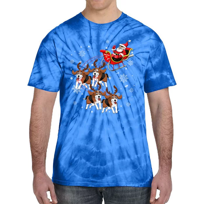 Reindeer Beagle Dog Pulling Santa Claus Sleigh Christmas Day Gift Tie-Dye T-Shirt