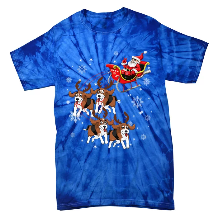 Reindeer Beagle Dog Pulling Santa Claus Sleigh Christmas Day Gift Tie-Dye T-Shirt