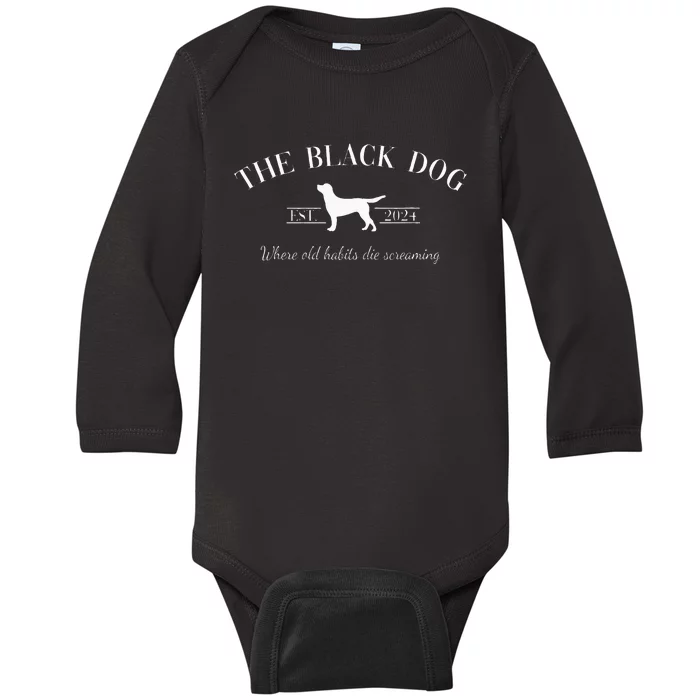 Retro Black Dog Club Old Habits Est. 2024 Baby Long Sleeve Bodysuit