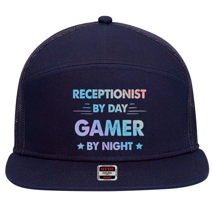 Receptionist By Day Gamer By Night Gift 7 Panel Mesh Trucker Snapback Hat