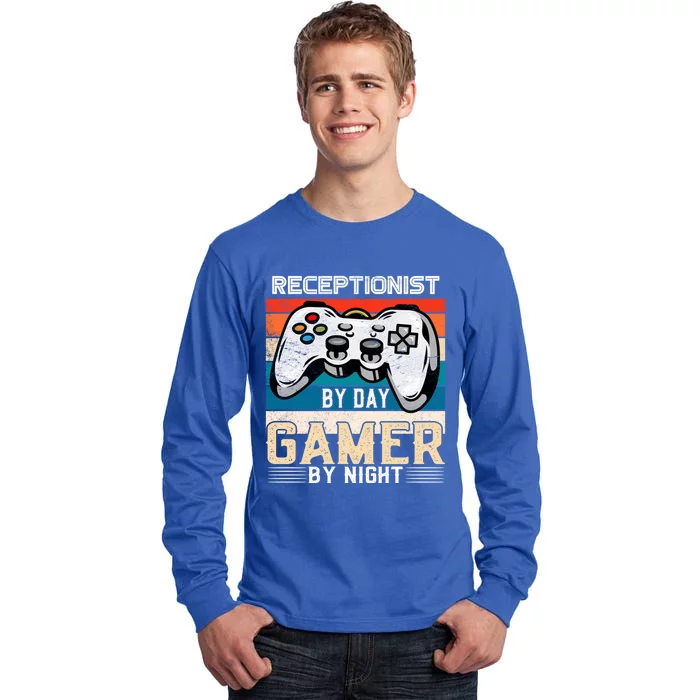 Receptionist By Day Gamer By Night Video Gaming Fans Retro Gift Tall Long Sleeve T-Shirt