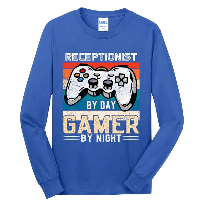 Receptionist By Day Gamer By Night Video Gaming Fans Retro Gift Tall Long Sleeve T-Shirt