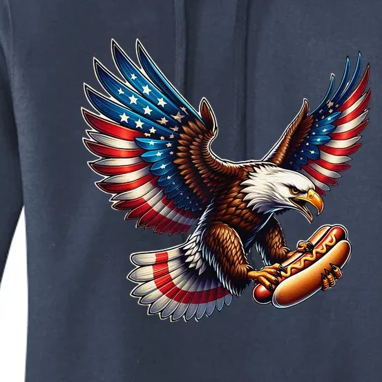 Retro Bald Eagle Hotdog American Flag 4th Of July Patriotic Women's Pullover Hoodie