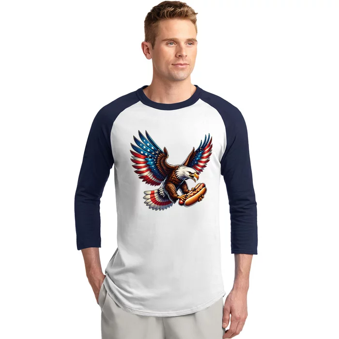 Retro Bald Eagle Hotdog American Flag 4th Of July Patriotic Baseball Sleeve Shirt