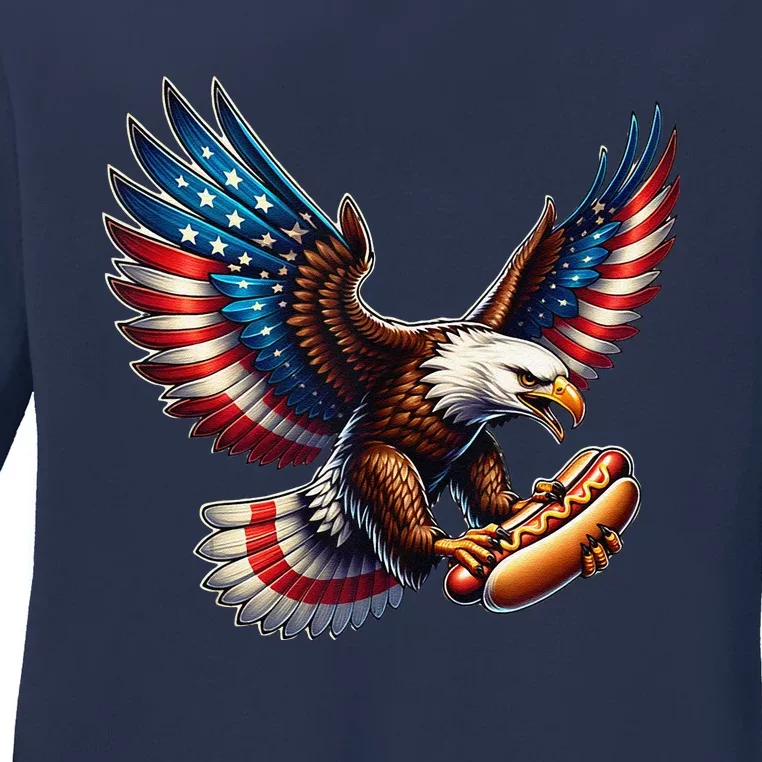 Retro Bald Eagle Hotdog American Flag 4th Of July Patriotic Ladies Long Sleeve Shirt