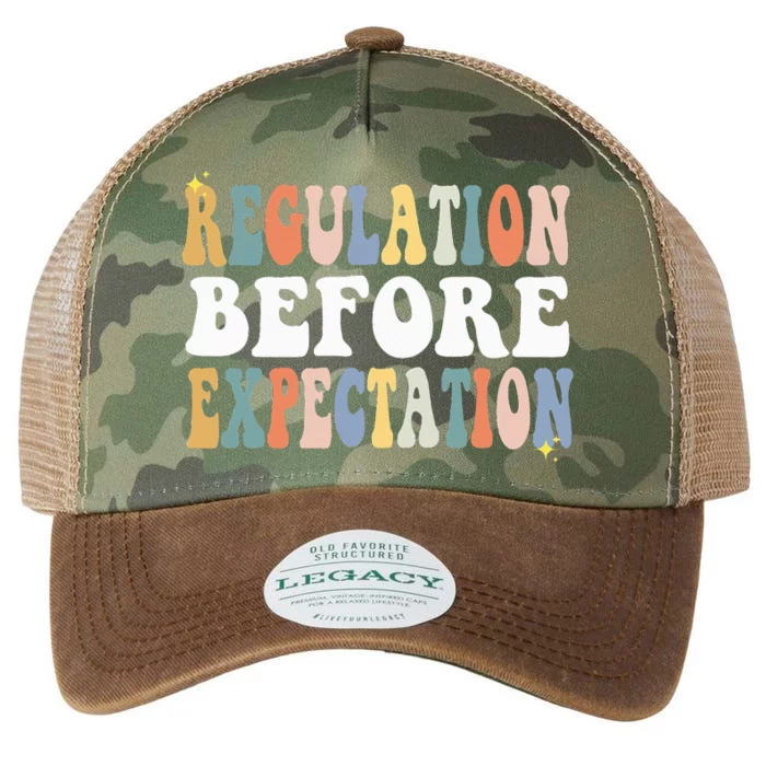 Regulation Before Expectation Groovy SPED Teacher OT Therapy Legacy Tie Dye Trucker Hat