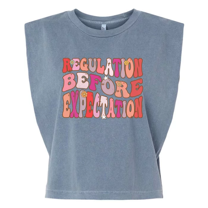 Regulation Before Expectation Retro Groovy Autism Cute Gift Garment-Dyed Women's Muscle Tee