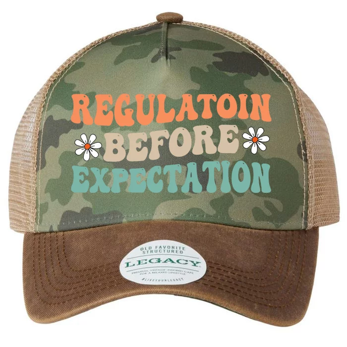 Regulation Before Expectation Retro Neurodiversity Therapist Legacy Tie Dye Trucker Hat