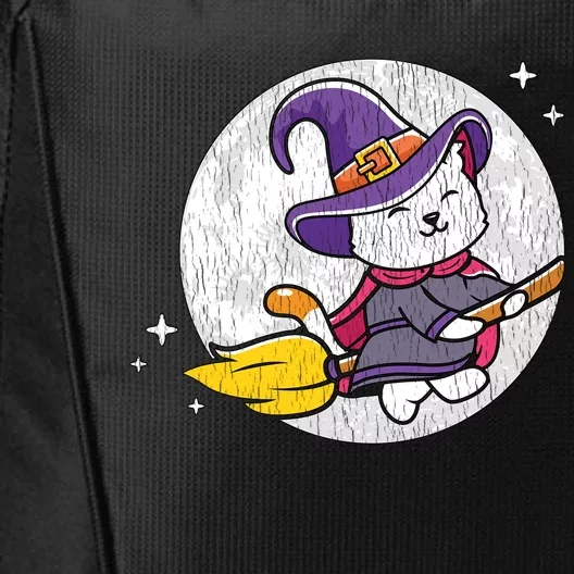 Retro Broom Flying Witch Kitten Cat Mom Dad Halloween Moon Gift City Backpack