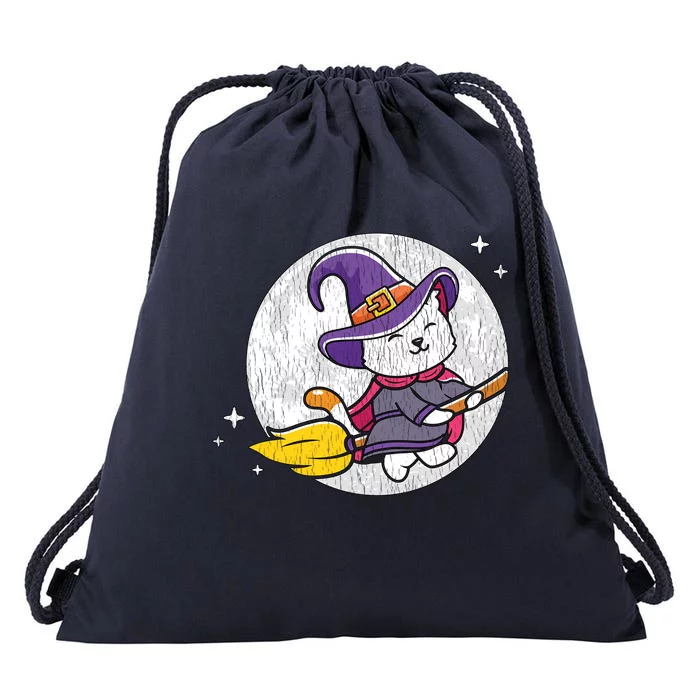 Retro Broom Flying Witch Kitten Cat Mom Dad Halloween Moon Gift Drawstring Bag