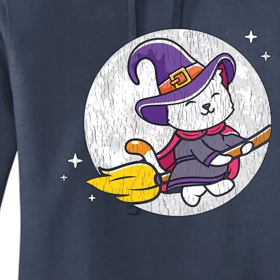 Retro Broom Flying Witch Kitten Cat Mom Dad Halloween Moon Gift Women's Pullover Hoodie