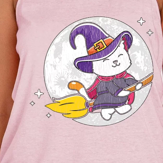 Retro Broom Flying Witch Kitten Cat Mom Dad Halloween Moon Gift Women's Knotted Racerback Tank