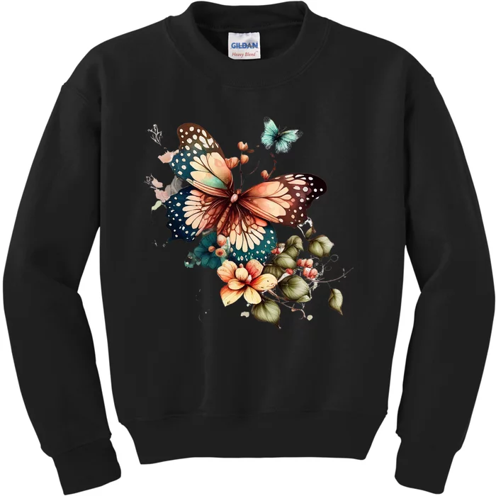 Retro Butterfly Floral Watercolor Kids Sweatshirt