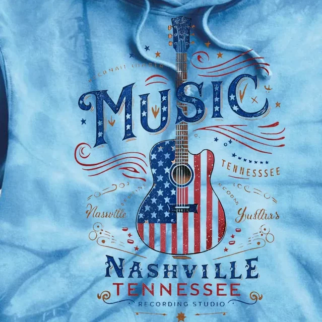 Red Blue Flag Patriotic Usa 4th Of July Nashville Guitar Tie Dye Hoodie