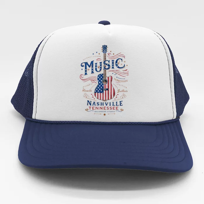 Red Blue Flag Patriotic Usa 4th Of July Nashville Guitar Trucker Hat