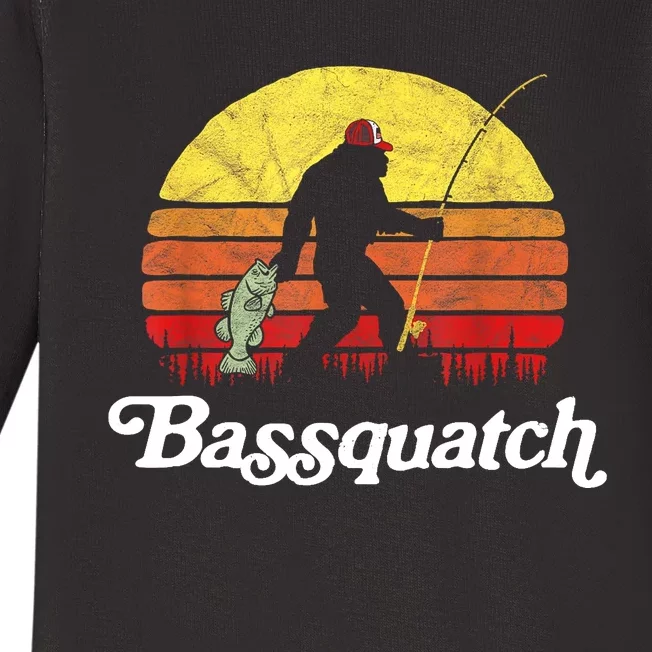 Retro Bassquatch Funny Bigfoot Fishing Outdoor Gift Baby Long Sleeve Bodysuit