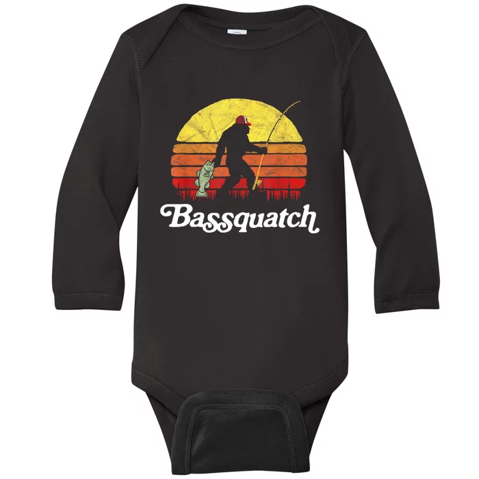 Retro Bassquatch Funny Bigfoot Fishing Outdoor Gift Baby Long Sleeve Bodysuit