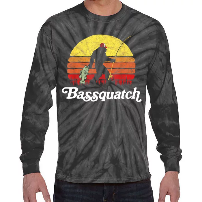 Retro Bassquatch Funny Bigfoot Fishing Outdoor Gift Tie-Dye Long Sleeve Shirt